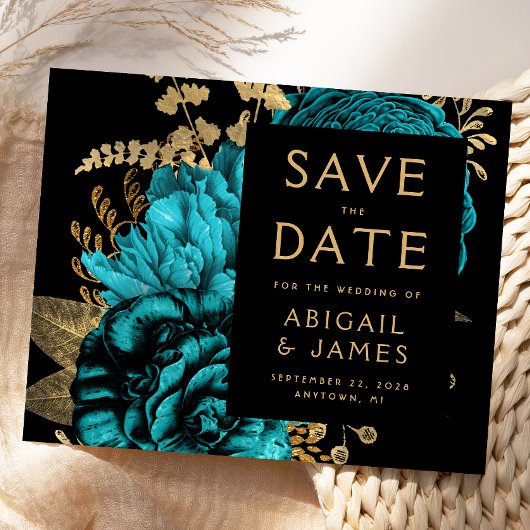 Budget Floral Turquoise Gold Wedding Save the Date