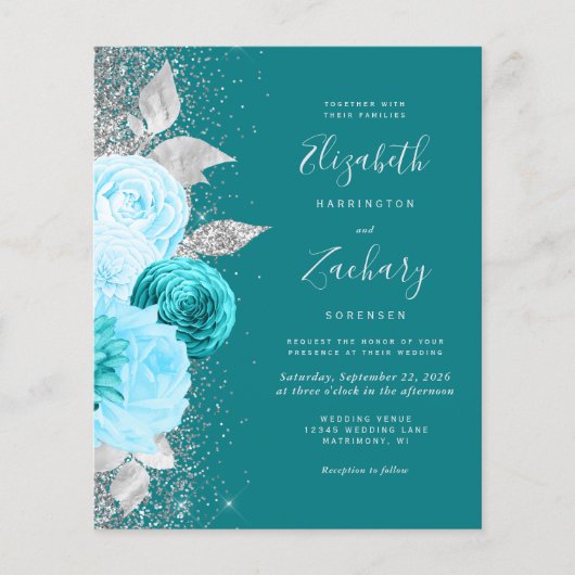 Budget Floral Turquoise Silver Glitter Wedding (Voorkant)