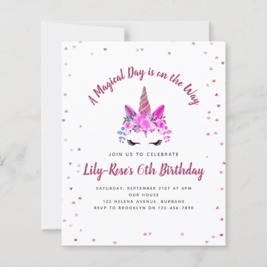 BUDGET Floral Unicorn Face Birthday Uitnodiging (Voorkant)