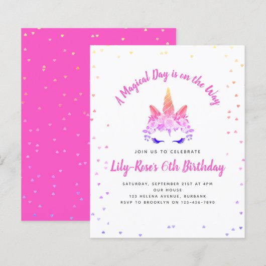 BUDGET Floral Unicorn Face Birthday Uitnodiging (Voorkant / Achterkant)
