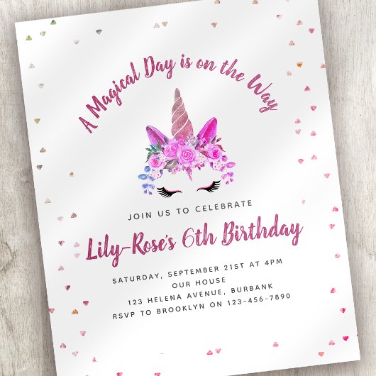 BUDGET Floral Unicorn Face Birthday Uitnodiging Flyer
