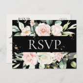 Budget Floral Waterverf Black Wedding RSVP Briefkaart (Voorkant / Achterkant)