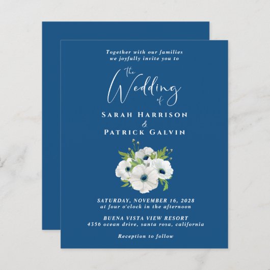Budget Floral Waterverf Blue Wedding Invitation (Voorkant / Achterkant)