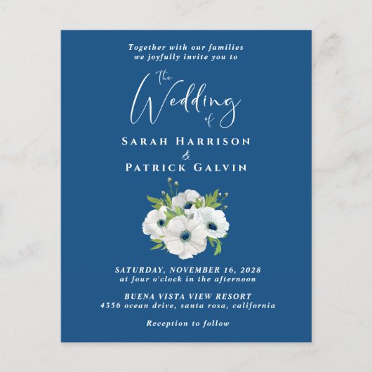 Budget Floral Waterverf Blue Wedding Invitation (Voorkant)
