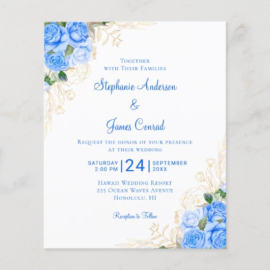 Budget Floral Waterverf Blue Wedding Invitation (Voorkant)