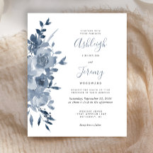 Budget Floral Waterverf Dusty Blue Wedding Invite