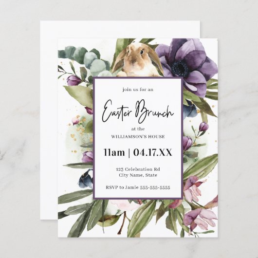 Budget Floral Waterverf Rabbit Easter Uitnodiging (Voorkant / Achterkant)