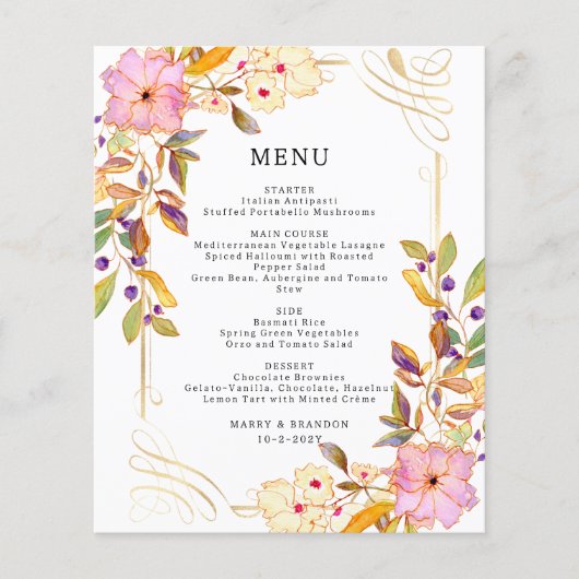Budget Floral Wedding Menu Kaart (Voorkant)