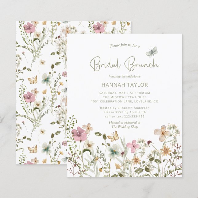 Budget Floral Wildflower Bridal Brunch Uitnodiging (Voorkant / Achterkant)