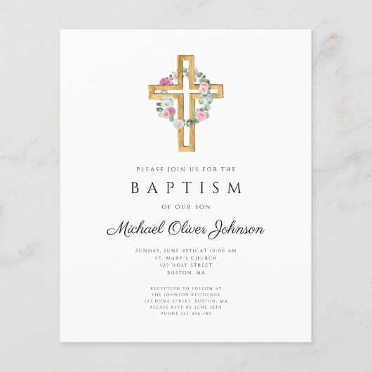 Budget Floral Wreate Cross Baptism Uitnodiging (Voorkant)