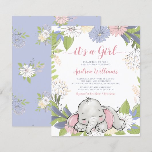 Budget Floral Wreath Elephant Girl Baby shower (Voorkant / Achterkant)
