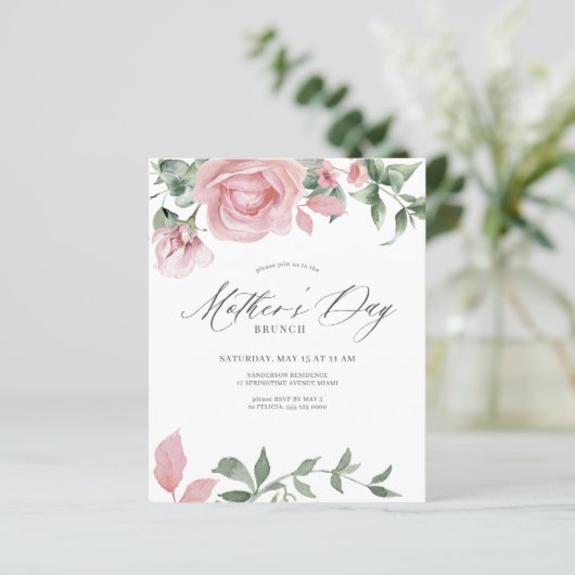Budget florale roze Moederdag brunch uitnodiging (Staand voorkant)