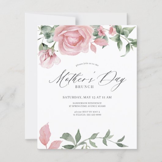 Budget florale roze Moederdag brunch uitnodiging (Voorkant)