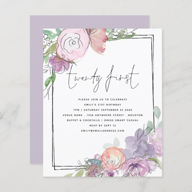 Budget Florals Scribble Lijst 21st Party Invite (Voorkant / Achterkant)