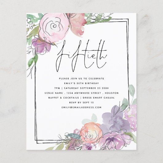 Budget Florals Scribble Lijst 50th Party Invite (Voorkant)