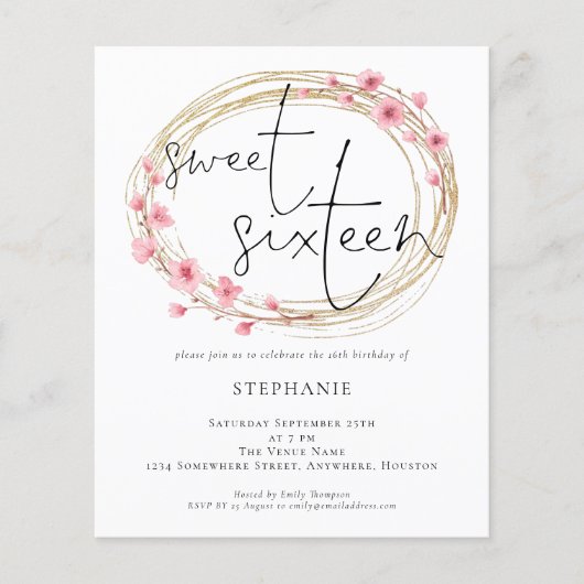 Budget Florals Sweet Sixteen uitnodiging (Voorkant)