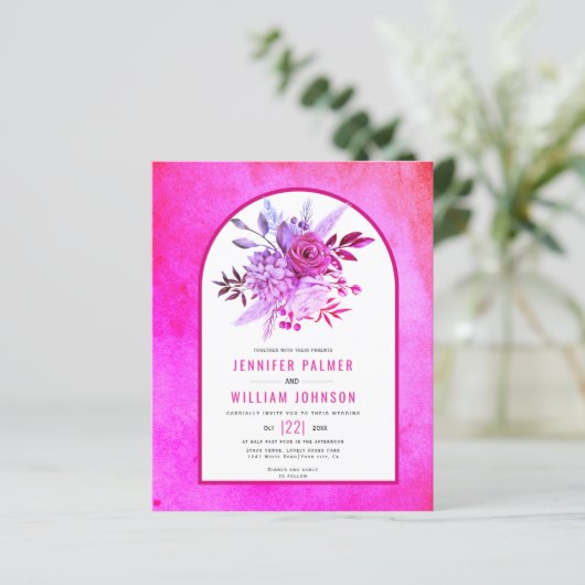 BUDGET Flowers QR code magenta bruiloft uitnodigin (Staand voorkant)