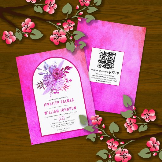 BUDGET Flowers QR code magenta bruiloft uitnodigin