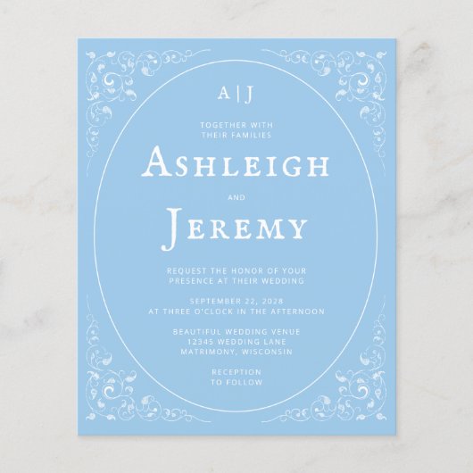 Budget  Foliage Baby Blue Wedding Invite (Voorkant)