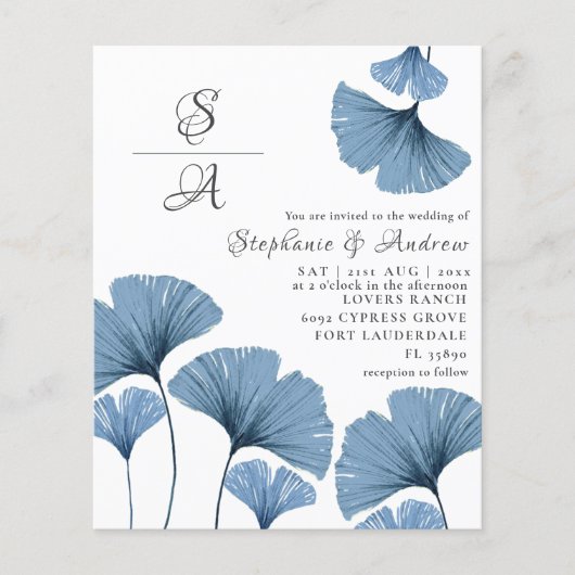 Budget Foliage Blue & White Weduwen Uitnodiging (Voorkant)