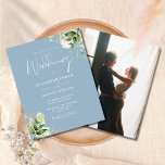 Budget Foliage Dusty Blue Photo Weddenation<br><div class="desc">Deze elegante budgettaire botanische groenery verlaat de trouwuitnodiging kan worden gepersonaliseerd met je informatie in de chique typografie met je speciale foto op de achterkant. Ontworpen door: Thisnotme©</div>