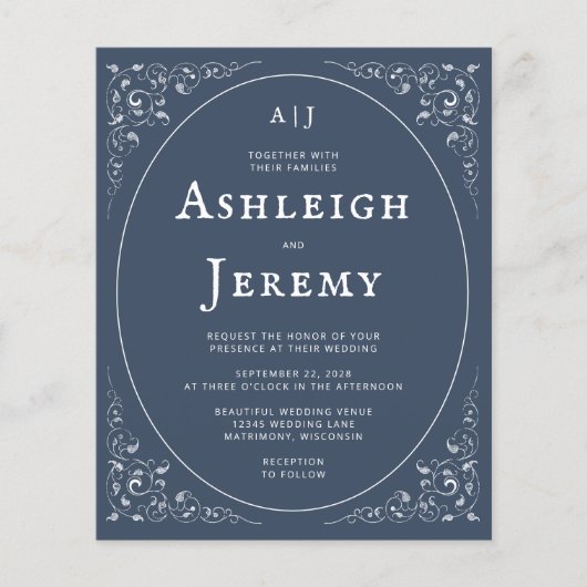 Budget  Foliage Indigo Blue Wedding Invite (Voorkant)