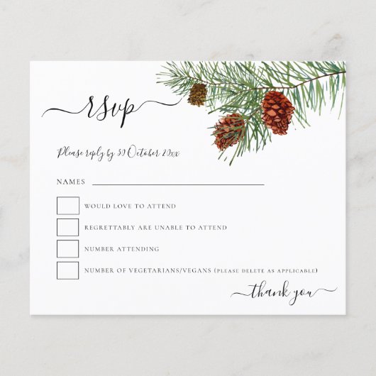 Budget Foliage Pine Cones kerstbruiloft RSVP (Voorkant)