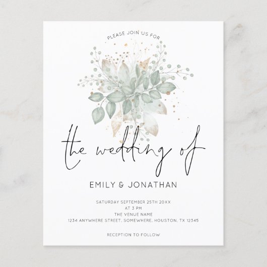 Budget Foliage Sage Green Gold Weduwen Uitnodiging (Voorkant)