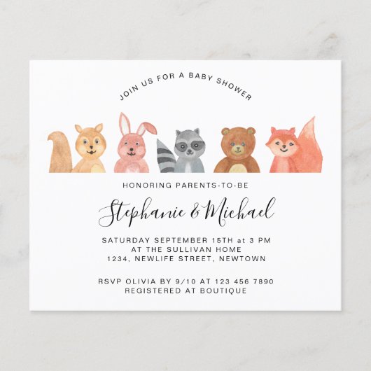 Budget Forest Animals Couples Baby shower nodigt u (Voorkant)