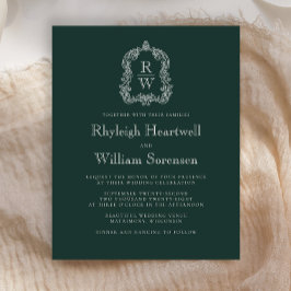 Budget Forest Green Monogram Crest Wedding Uitnodi