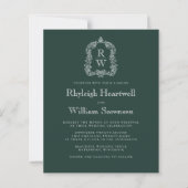Budget Forest Green Monogram Crest Wedding Uitnodi (Voorkant)
