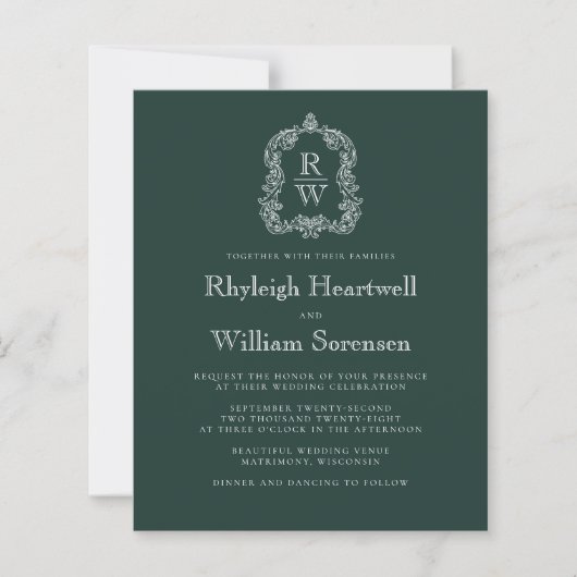 Budget Forest Green Monogram Crest Wedding Uitnodi (Voorkant)