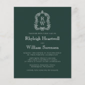 Budget Forest Green Monogram Crest Wedding Uitnodi (Voorkant)