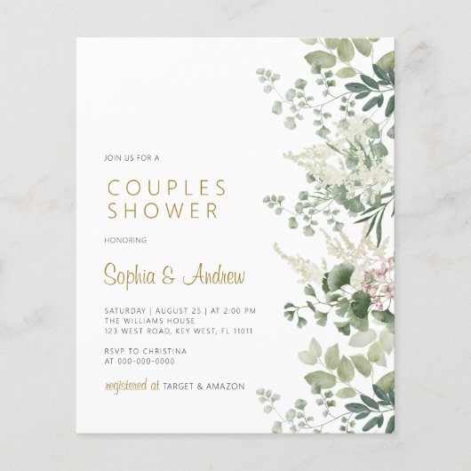 Budget Forest Greenery Paren Douche Uitnodiging (Voorkant)