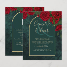 BUDGET ForestGreen RED Roses Winter Wedding INVITE