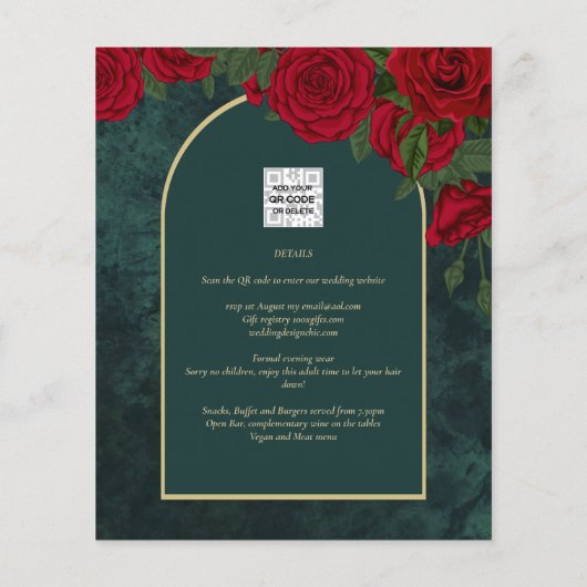 BUDGET ForestGreen RED Roses Winter Wedding INVITE (Achterkant)