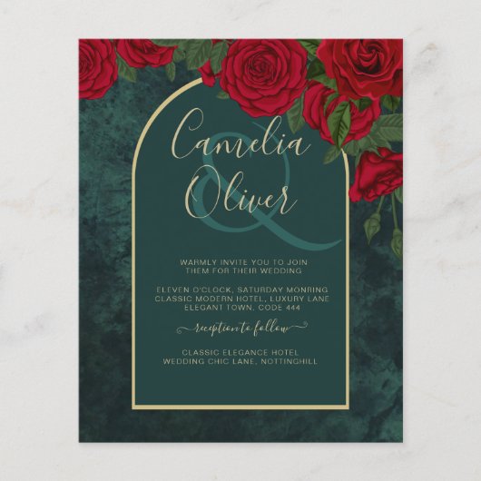 BUDGET ForestGreen RED Roses Winter Wedding INVITE (Voorkant)