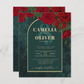 BUDGET ForestGreen RED Roses Winter Wedding INVITE (Voorkant / Achterkant)
