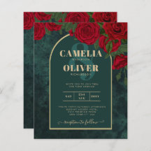 BUDGET ForestGreen RED Roses Winter Wedding INVITE