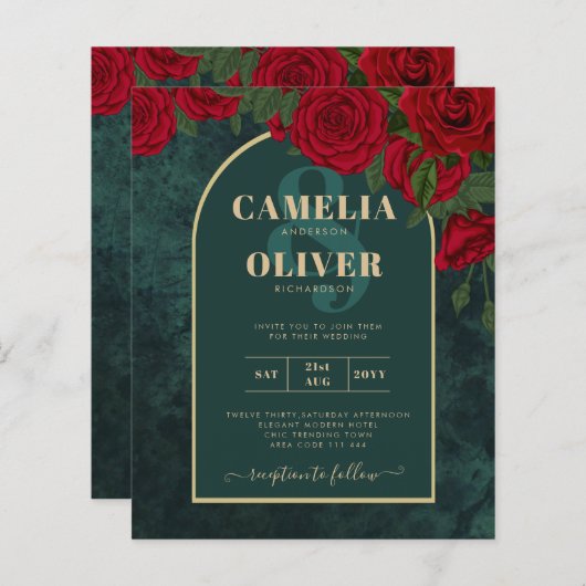BUDGET ForestGreen RED Roses Winter Wedding INVITE (Voorkant / Achterkant)