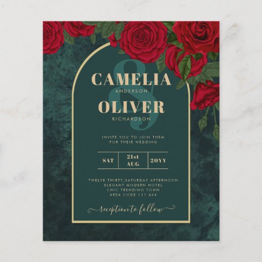 BUDGET ForestGreen RED Roses Winter Wedding INVITE (Voorkant)