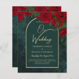 BUDGET ForestGreen RED Roses Winter Wedding INVITE