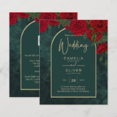 BUDGET ForestGreen RED Roses Winter Wedding INVITE (Voorkant / Achterkant)
