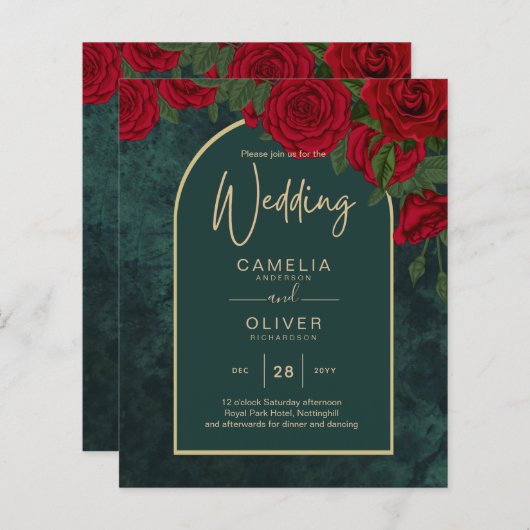BUDGET ForestGreen RED Roses Winter Wedding INVITE (Voorkant / Achterkant)