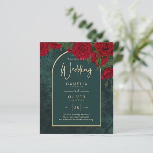 BUDGET ForestGreen RED Roses Winter Wedding INVITE (Staand voorkant)