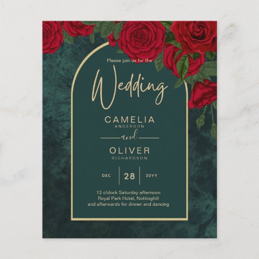 BUDGET ForestGreen RED Roses Winter Wedding INVITE (Voorkant)