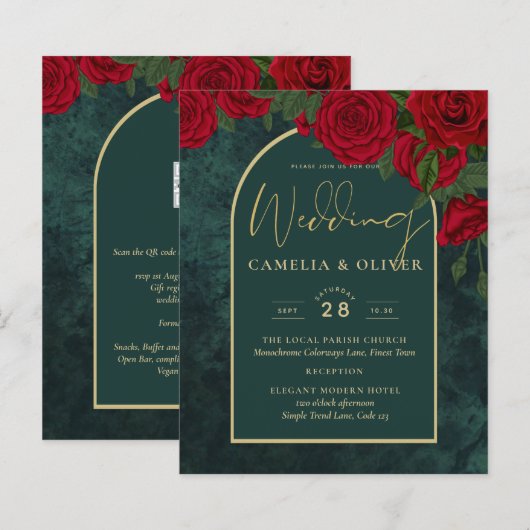 BUDGET ForestGreen RED Roses Winter Wedding INVITE (Voorkant / Achterkant)