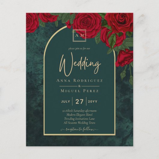 BUDGET ForestGreen RED Roses Winter Wedding INVITE Flyer (Voorkant)