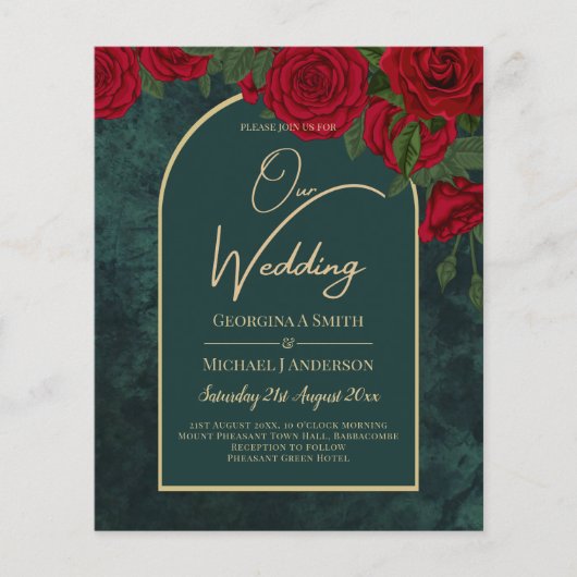 BUDGET ForestGreen RED Roses Winter Wedding INVITE Flyer (Voorkant)