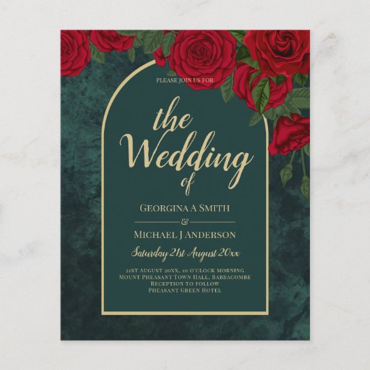 BUDGET ForestGreen RED Roses Winter Wedding INVITE Flyer (Voorkant)